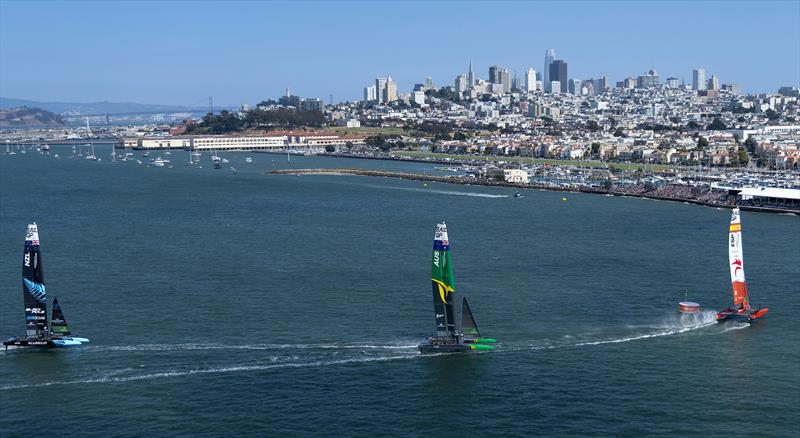 Spain SailGP Team cross the finish line in front of the Race Stadium and San Francisco Skyline leading Australia SailGP Team and New Zealand SailGP Team to win the SailGP Season 4 Grand Final in San Francisco photo copyright Jed Jacobsohn for SailGP taken at  and featuring the F50 class