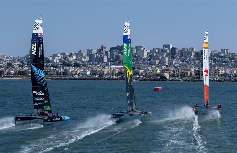 Spain SailGP Team helmed by Diego Botin, Australia and New Zealand SailGP Team helmed by Peter Burling in action in front of the San Francisco skyline on Race Day 2 of the SailGP Season 4 Grand Final in San Francisco photo copyright Jed Jacobsohn for SailGP taken at  and featuring the F50 class