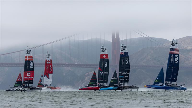 ROCKWOOL Denmark SailGP Team, Canada SailGP Team, Switzerland SailGP Team, New Zealand SailGP Team and USA SailGP Team in action on Race Day 1 of the SailGP Season 4 Grand Final in San Francisco, USA photo copyright Samo Vidic for SailGP taken at  and featuring the F50 class