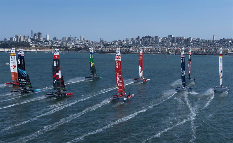 The SailGP F50 catamaran fleet in action in front of the San Francisco Skyline on Race Day 2 of the SailGP Season 4 Grand Final in San Francisco, USA photo copyright Jed Jacobsohn for SailGP taken at  and featuring the F50 class