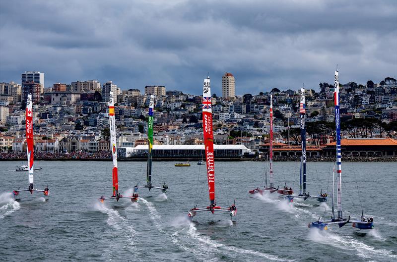 Emirates Great Britain SailGP Team helmed by Ben Ainslie sail in the middle of the fleet as the F50 catamarans sail towards the shore line on Race Day 1 of the Mubadala SailGP Season 3 Grand Final in San Francisco, USA. Saturday 6th May 2023 photo copyright Bob Martin for SailGP taken at  and featuring the F50 class