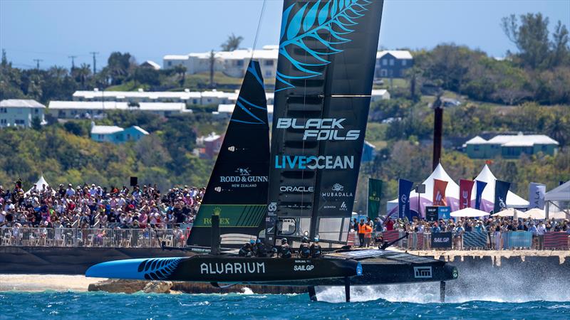 New Zealand SailGP Team passes the grandstand and Race Stadium on Race Day 1 - Bermuda Sail Grand Prix - May 4, 2024  photo copyright Samo Vidic - SailGP taken at Royal New Zealand Yacht Squadron and featuring the F50 class