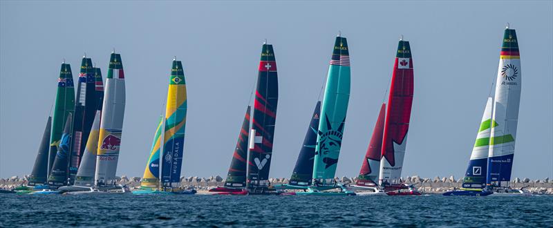 The SailGP fleet in action as they leave the start line in Fleet Race 1 - Race Day 1 - Emirates Dubai Sail Grand Prix -  November 23, 2024 - photo © Ricardo Pinto/SailGP