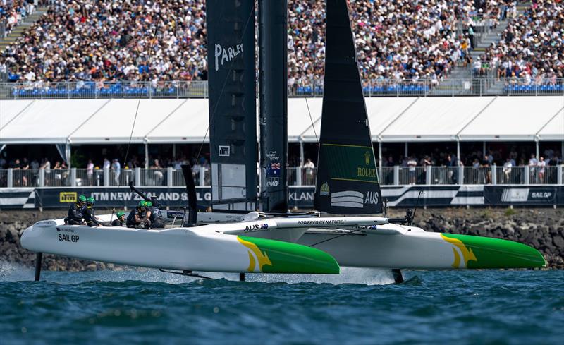 Australia SailGP Team helmed by Tom Slingsby in action next to the grandstand on Race Day 1 of The Rolex SailGP Championship ITM New Zealand Sail Grand Prix in Auckland, New Zealand. Saturday 18 January photo copyright Ricardo Pinto for SailGP taken at Auckland Sailing Club and featuring the F50 class