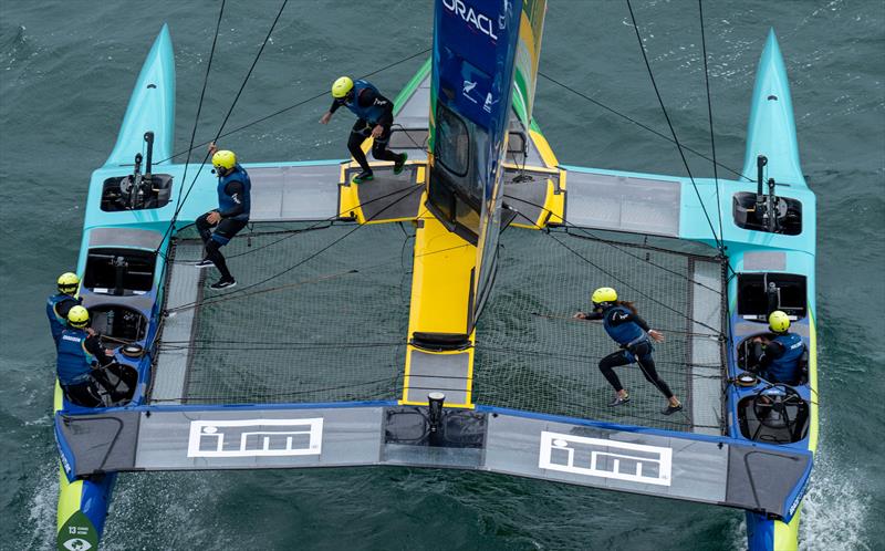 Martine Grael, driver of Mubadala Brazil SailGP Team, crossses the boat during a manoeuvre on Race Day 2 of The Rolex SailGP Championship ITM New Zealand Sail Grand Prix in Auckland - photo © Bob Martin for SailGP