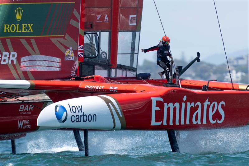 Hannah Mills crosses the platform on Emirates GBR - ITM New Zealand SailGP - January 19,2025uary photo copyright Felix Diemer/Rolex /SailGP taken at Royal New Zealand Yacht Squadron and featuring the F50 class