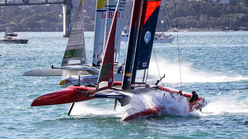 Spain and Red Bull Italy (background) swing into a mark rounding - ITM New Zealand SailGP - January 19, 2025 photo copyright Richard Gladwell - Sail-World.com/nz taken at Royal New Zealand Yacht Squadron and featuring the F50 class