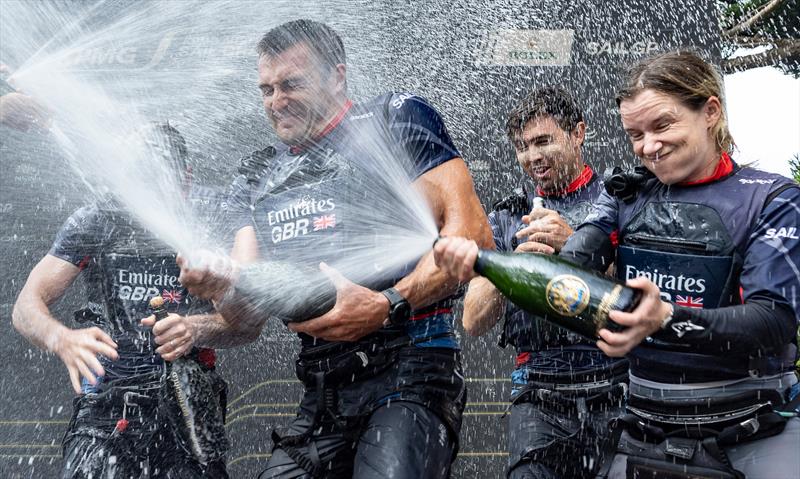 Neil Hunter (Grinder) and Hannah Mills (Strategist) celebrate Emirates GBR win the Final - Race Day 2 - KPMG Australia Sail Grand Prix - Sydney, Australia - February 9, 2025 - photo © Patrick Hamilton/SailGP