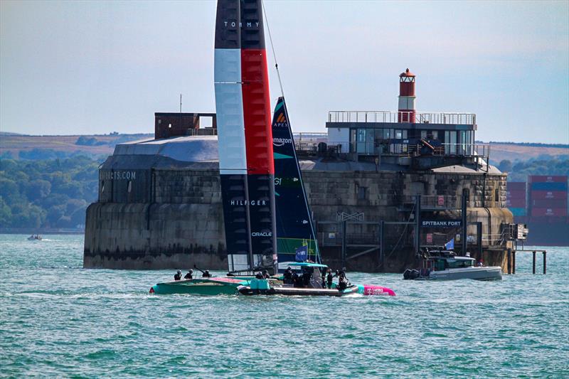 USA slides past Spitbank Fort - one of several that dot the eastern Solent - SailGP Portsmouth - July 18, 2025 photo copyright Richard Gladwell - Sail-World.com / nz taken at Wakatere Boating Club and featuring the F50 class