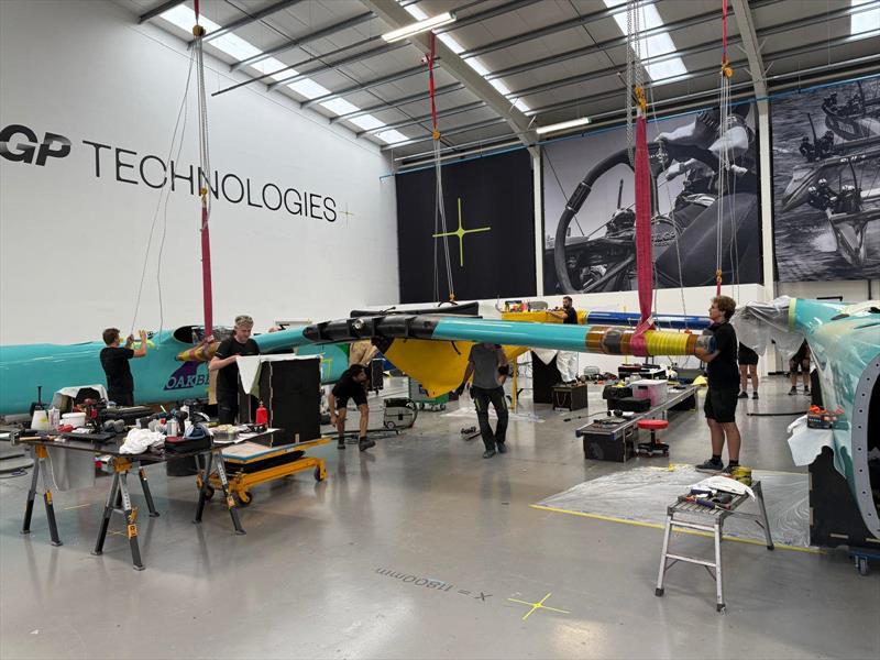 Main beam being positioned on Mubadala Brazil ready for the France SailGP - SailGP Technologies, Southampton - September 4, 2025 photo copyright SailGP Technologies taken at Société Nautique de Saint-Tropez and featuring the F50 class