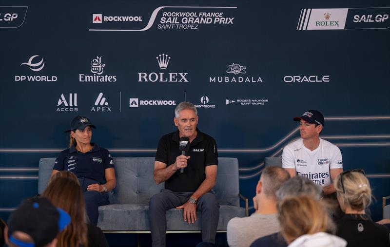 Sir Russell Coutts, SailGP CEO, speaks to the media in a pre-event press conference alongside Martine Grael and Dylan Fletcher, ahead of the ROCKWOOL France Sail Grand Prix - photo © Felix Diemer for SailGP