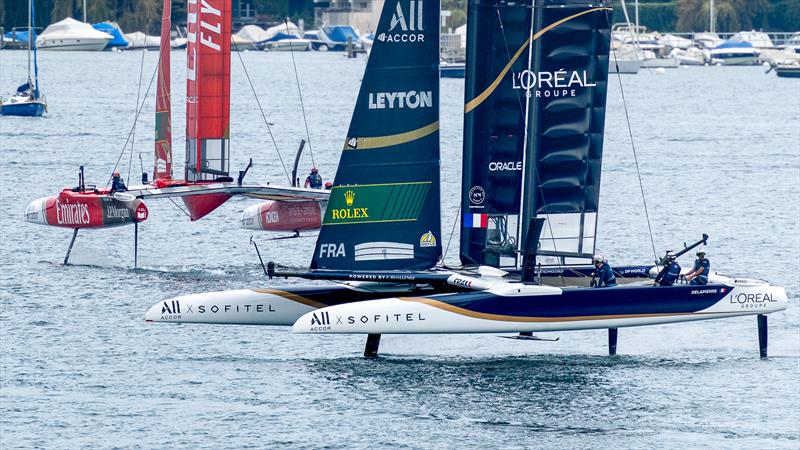 France and Great Britain SailGP teams foil with the new light air rudder foils - Rolex SailGP Geneva - September 21, 2025 photo copyright Samo Vidic/SailGP taken at Société Nautique de Genève and featuring the F50 class