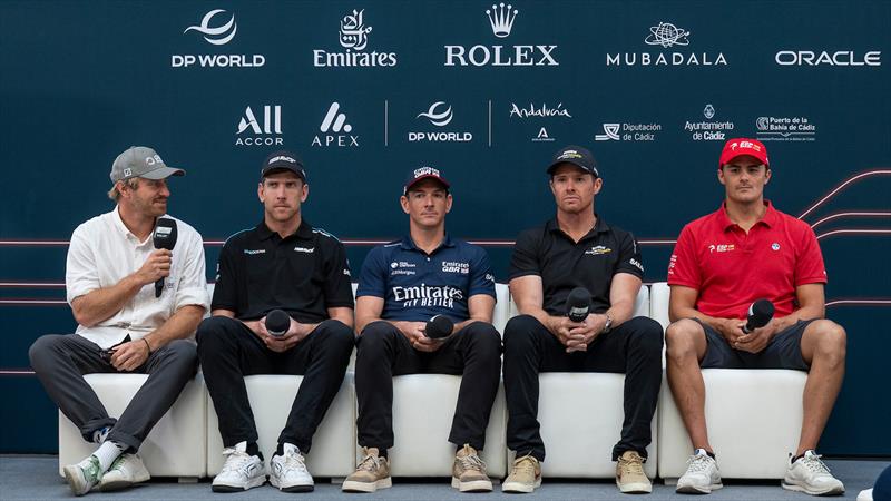 Erik Heil (GER), Peter Burling (NZL), Dylan Fletcher (GBR), Tom Slingsby AUS) and Diego Botin (ESP) -  Media Conference -  DP World Spain Sail Grand Prix -  Cadiz, Spain - October 3, 2025 photo copyright Jason Ludlow/SailGP taken at Real Club Náutico de Cádiz and featuring the F50 class