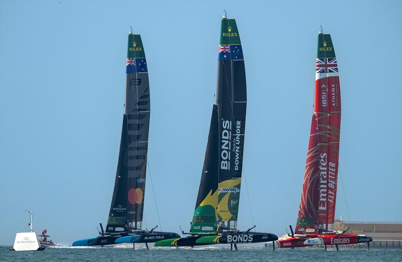 Black Foils SailGP Team helmed by Peter Burling, BONDS Flying Roos SailGP Team helmed by Tom Slingsby and Emirates Great Britain SailGP Team helmed by Dylan Fletcher in the season final at the Mubadala Abu Dhabi Sail Grand Prix Season Grand Final - photo © Ricardo Pinto for SailGP