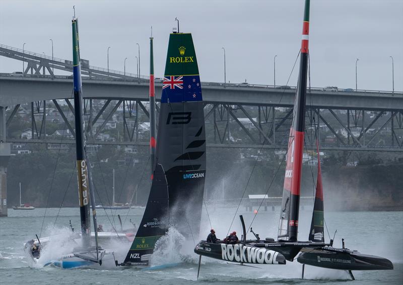 Black Foils SailGP Team helmed by Peter Burling and DS Automobiles SailGP Team France helmed by Quentin Delapierre collide during racing on Race Day 1 of the ITM New Zealand Sail Grand Prix in Auckland, New Zealand - photo © Andrew Baker for SailGP