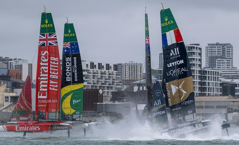 Black Foils SailGP Team helmed by Peter Burling and DS Automobiles SailGP Team France helmed by Quentin Delapierre collide during racing on Race Day 1 of the ITM New Zealand Sail Grand Prix in Auckland, New Zealand - photo © Felix Diemer for SailGP