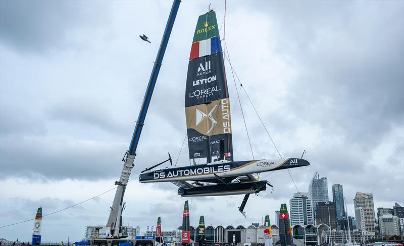The damaged boat of the DS Automobiles SailGP Team France is craned from the water in the technical area after a collision with Black Foils SailGP Team during racing on Race Day 1 of the ITM New Zealand Sail Grand Prix in Auckland, New Zealand - photo © James Gourley for SailGP