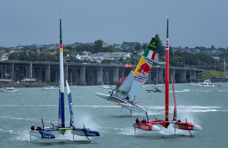 Red Bull Italy SailGP Team lose control at the start of racing as Emirates Great Britain SailGP Team and Germany SailGP Team presented by Deutsche Bank sail away on Race Day 2 of the ITM New Zealand Sail Grand Prix in Auckland, New Zealand - photo © Jason Ludlow for SailGP