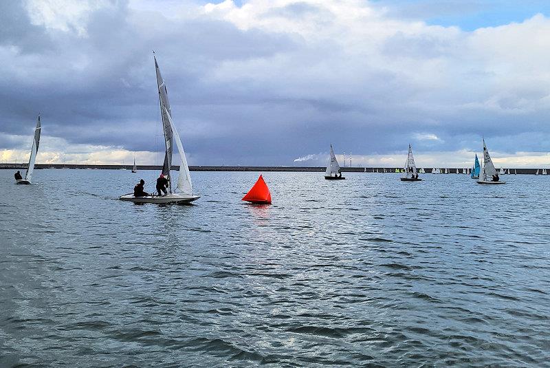 Louise McKenna & Hermine O'Keeffe lead the PY fleet at the top mark - Viking Marine Frostbite Series 2 at Dun Laoghaire photo copyright Ian Cutliffe taken at Dun Laoghaire Motor Yacht Club and featuring the Fireball class
