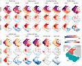 Maps of hindcasted summer log biomass density and projected end of century (2080-2089) change in log biomass density under two different climate scenarios (SSP 1-2.6 and SSP5-8.5)