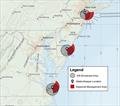 A map displaying Seasonal Management Areas and projected broadcast areas of StationKeepers in the mid-Atlantic. A StationKeeper can receive and transmit messages to vessels within approximately 15 to 20 nms, depending on the height of its location