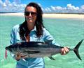 Amy's first longtail tuna was a ripper, caught on a Pink Bits coloured Daiwa Saltiga Over There stickbait excusive to Fisho's
