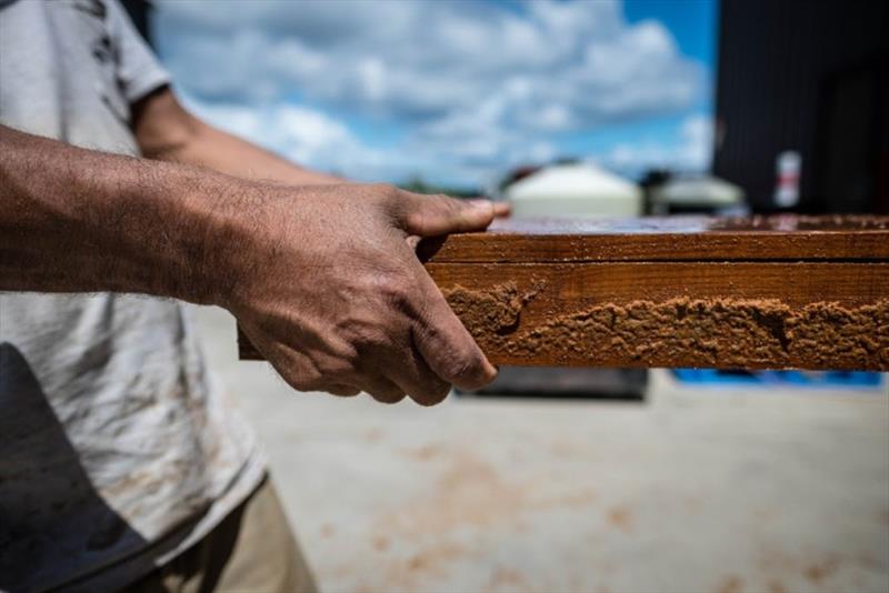 These smaller pieces are book-matched across each individual surface, allowing us to display teak from one tree. - photo © Bayliss Boatworks