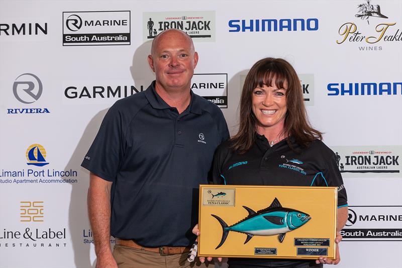 Susan Czabayski who won both Champion Female Angler and Champion Overall Angler, with Riviera's David Thorpe - 2019 Riviera Port Lincoln Tuna Classic photo copyright Riviera Studio taken at  and featuring the Fishing boat class