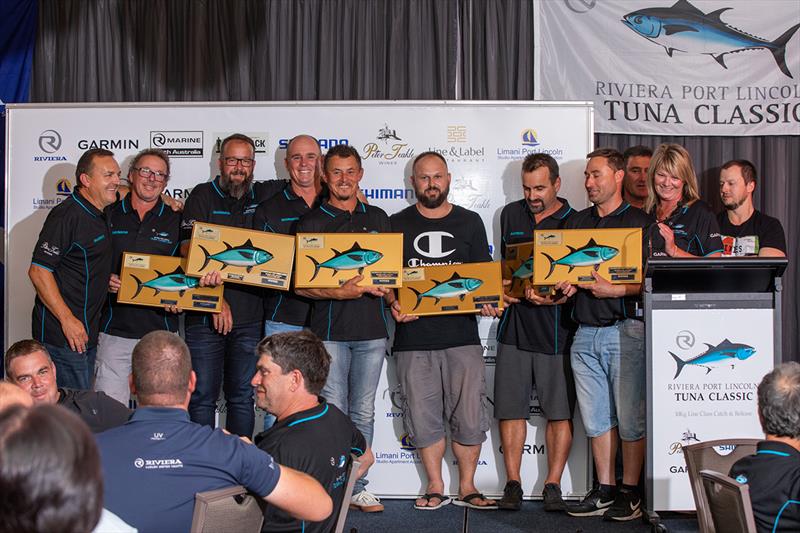 A tie! The crews Saltiga and Catfish, the winning Boats Over 8 Metres, receive their award - 2019 Riviera Port Lincoln Tuna Classic photo copyright Riviera Studio taken at  and featuring the Fishing boat class