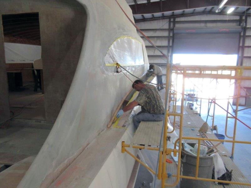 Air intake louvers being faired and sanded photo copyright Jarrett Bay Boatworks taken at  and featuring the Fishing boat class