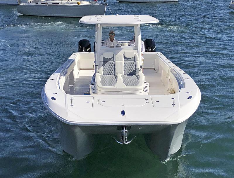 Ample bulwark and grab rails up for'ard - Invincible 35 Powercat - photo © Boat Monster