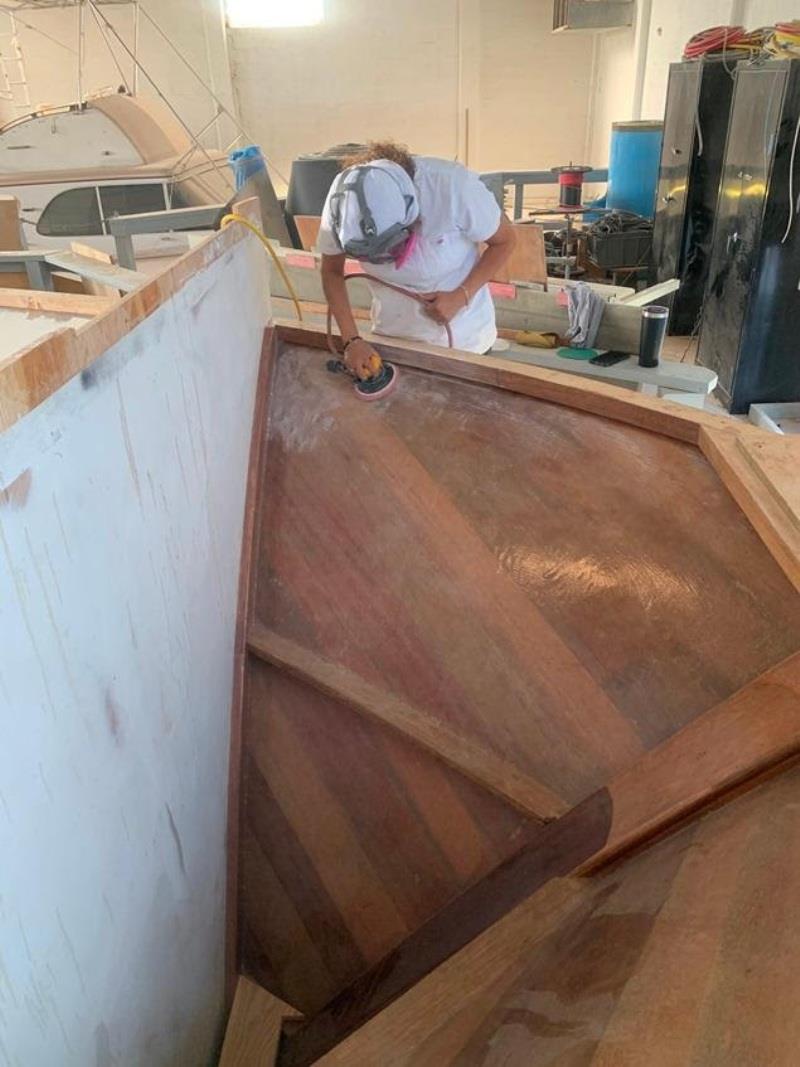 Roberta prepping Hull #7 Rope Locker photo copyright Michael Rybovich & Sons taken at  and featuring the Fishing boat class