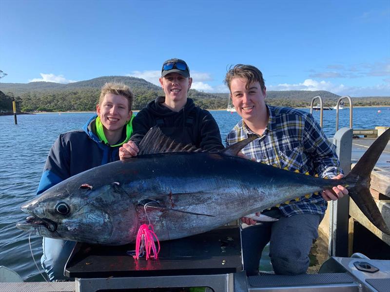 Spot On staff member Jonty (centre) with Max and Fraser and an 80kg Tuna caught out of the passage at Schouten Island on a Meridian Lure. photo copyright Spot On Fishing Hobart taken at  and featuring the Fishing boat class