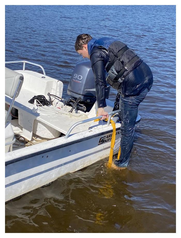 Having an emergency boarding ladder ready to go and easily reached from the water is important when water temperatures are cool and there are fewer other boaters on the water that could render help photo copyright Scott Croft taken at  and featuring the Fishing boat class
