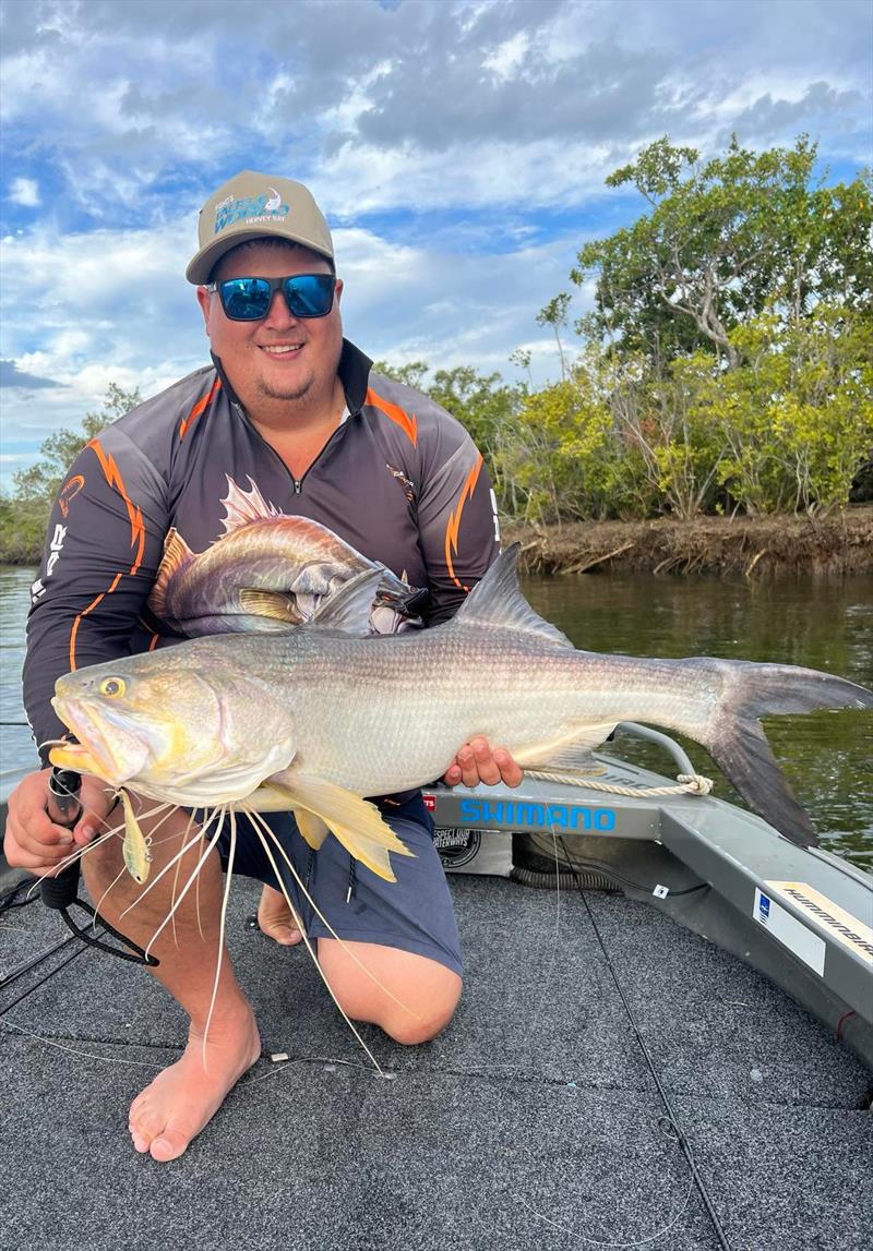 Staff member Logan took shop regular Hayden for a run in the river to show him how effective the Garmin Livescope is. Hayden pinned his first thready on a Nomad Vertrex vibe photo copyright Fisho's Tackle World taken at  and featuring the Fishing boat class