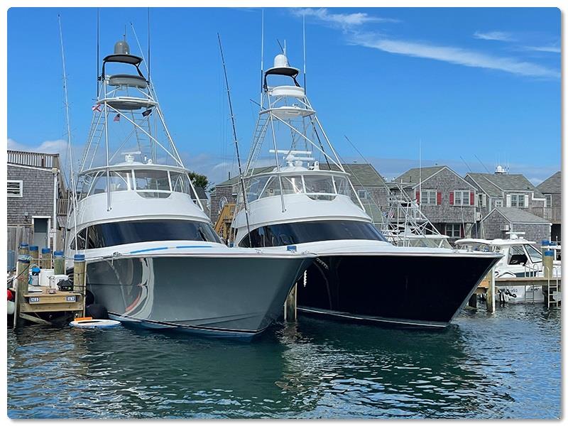 Two 72s sitting pretty in Nantucket last summer. Whirlwind with its Nardo Grey gelcoat, and El Diablo (right) featuring custom black exterior paint - photo © Viking Yachts