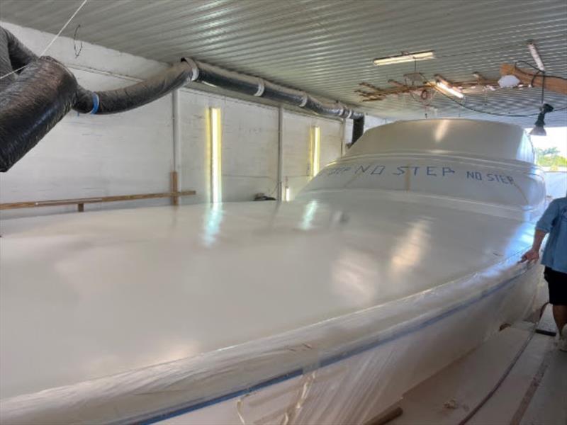 Hull #7 - Foredeck in finish primer - photo © Michael Rybovich & Sons