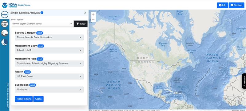 Screenshot of the DisMAP interface displaying the new filtering feature on the left - photo © NOAA Fisheries