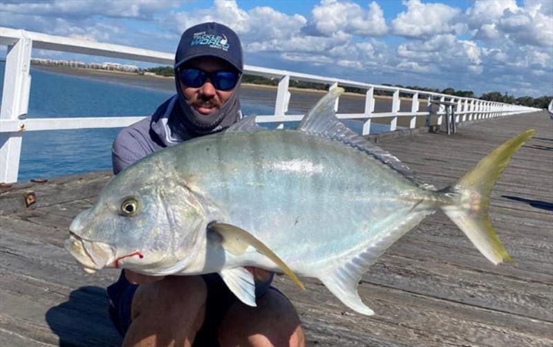 Keelan with one of the golden trevally that strayed too close to the Urangan Pier this week photo copyright Fisho's Tackle World taken at  and featuring the Fishing boat class