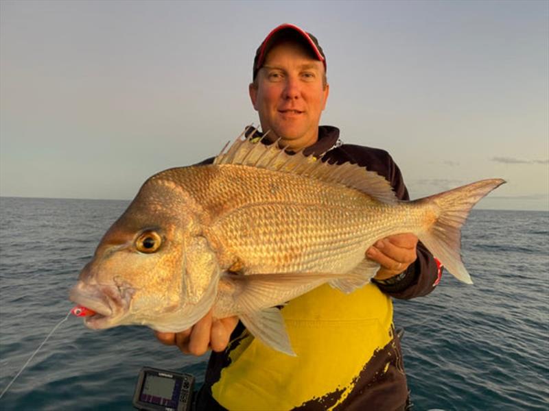 Deckie Dane winner, Chris, with his first quality snapper within 15 minutes of fishing. Caught on the trusty Molix Fork Flex Shad in Acid Pink - photo © Fisho's Tackle World