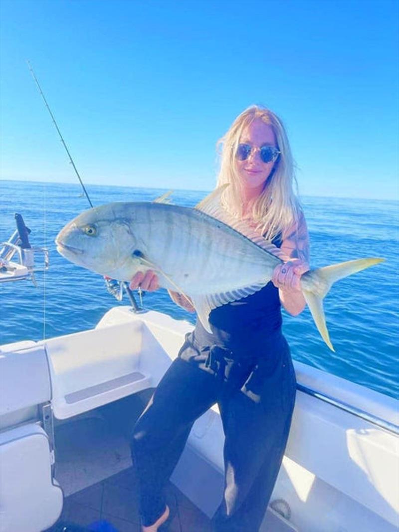 Jessie was happy with this Hervey Bay golden trevally caught during a recent glass out - photo © Fisho's Tackle World