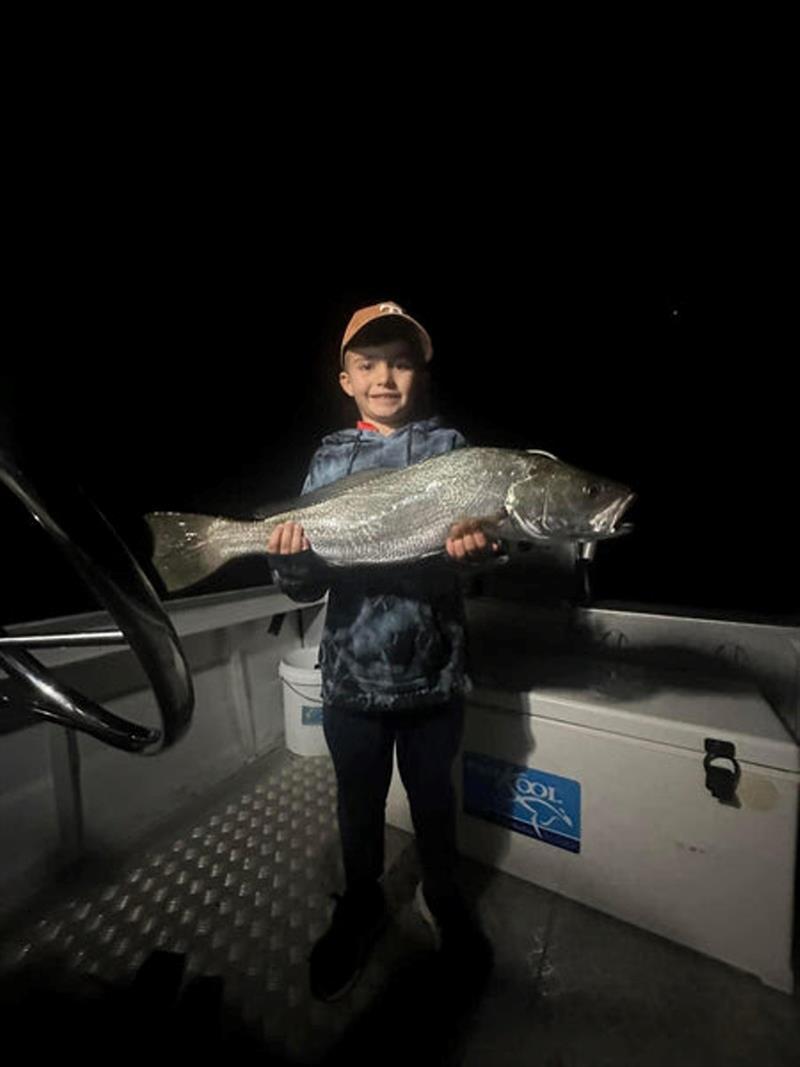 Young Keaton with a beaut jewfish caught after dark. Well done young fella - photo © Fisho's Tackle World