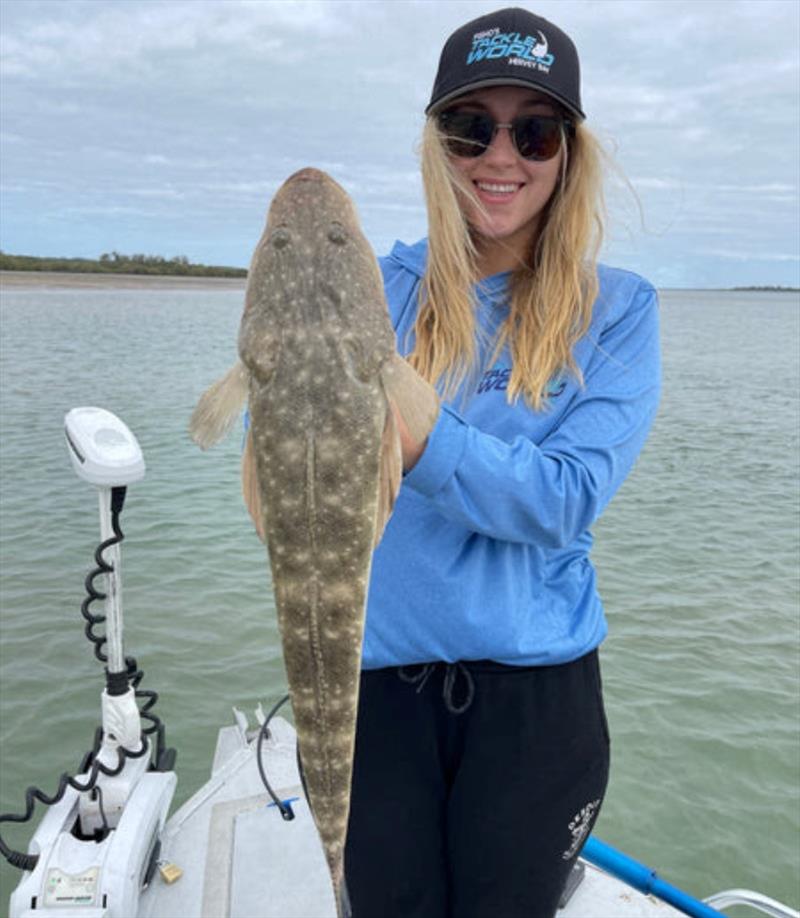 Christie with an average flattie from a day when they were virtually all 60cm or more - photo © Fisho's Tackle World