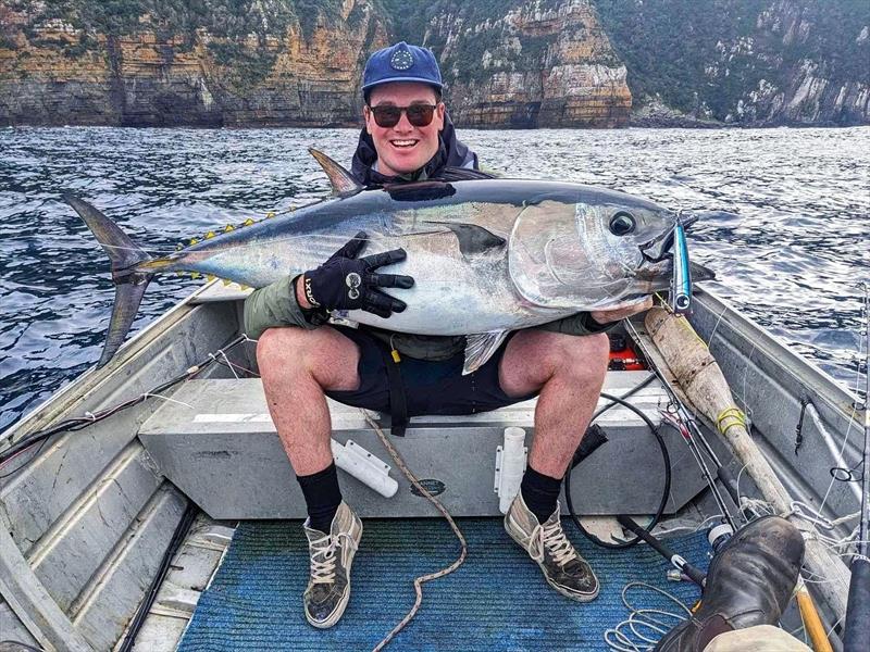 Sal Bartley  with very solid blue caught on a black ledge 70g flare popper - photo © Spot On Fishing Hobart