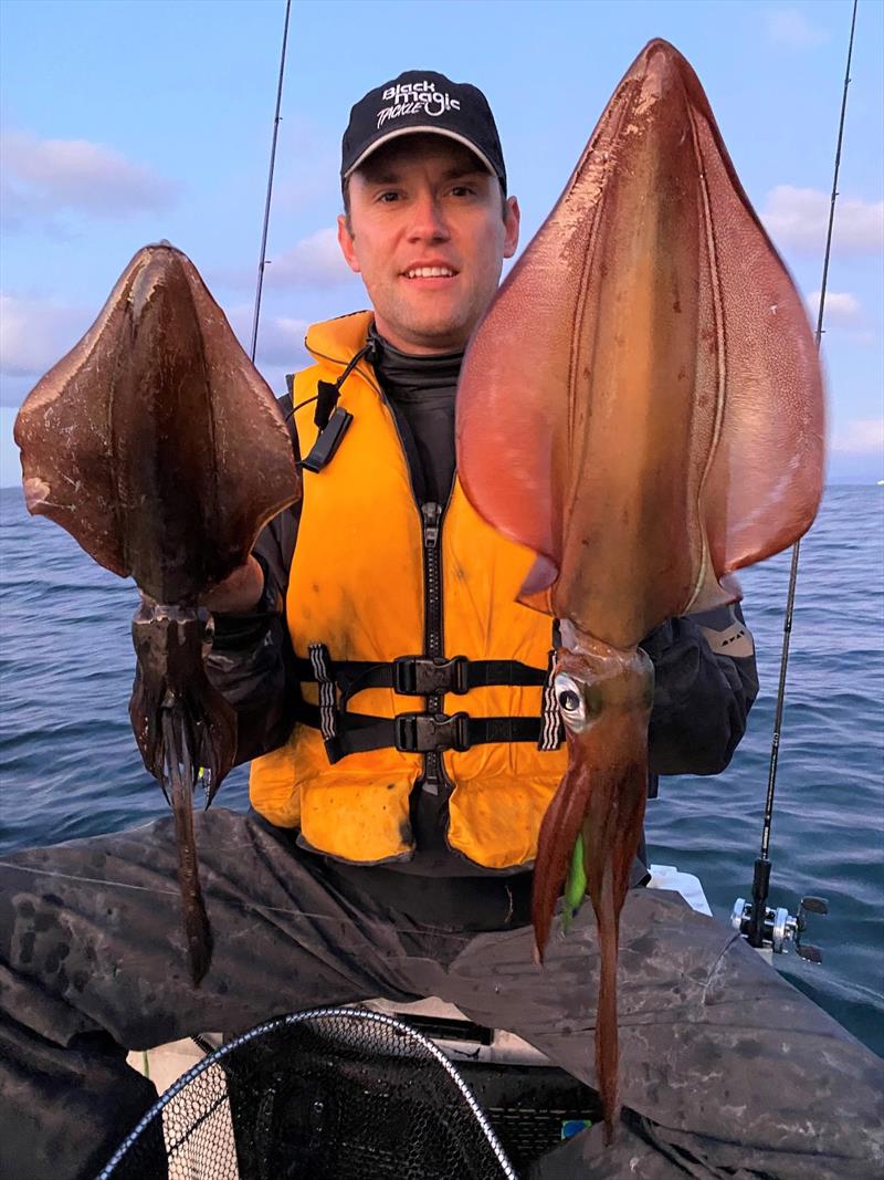 Wesley van den Herik' with two nice cals caught on BMT Squid snatcher jigs 3.5.- Black/Red 3.5, Black Lumo, Lemon Lime Glow, with Sea Grass Glow as the standout - photo © Spot On Fishing Hobart