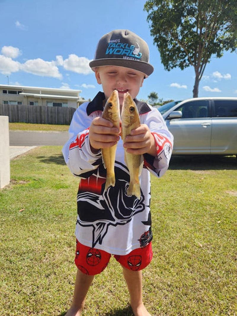 One of Adrian Martin's kids, Tyler-James, with his hands full of springtime whiting. Great fun for the little ones and a good feed to boot - photo © Fisho's Tackle World