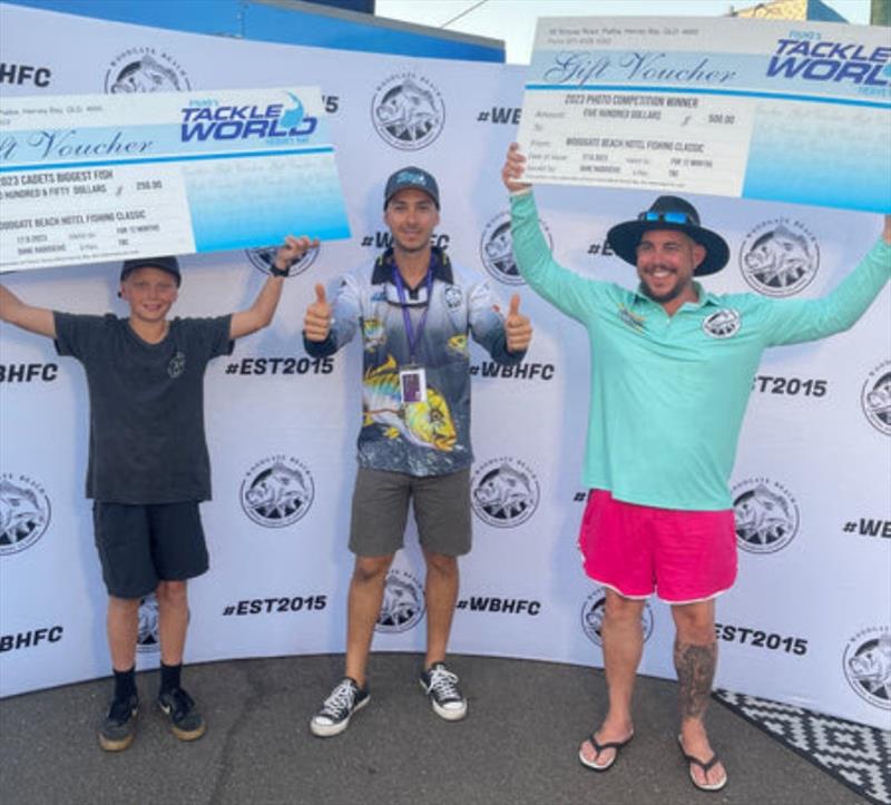 Dane with young Vinnie who won the Cadet prize and Ricky who picked up the Fisho's Photo Comp prize at the Woodgate Beach Hotel Fishing Classic last weekend - photo © Fisho's Tackle World