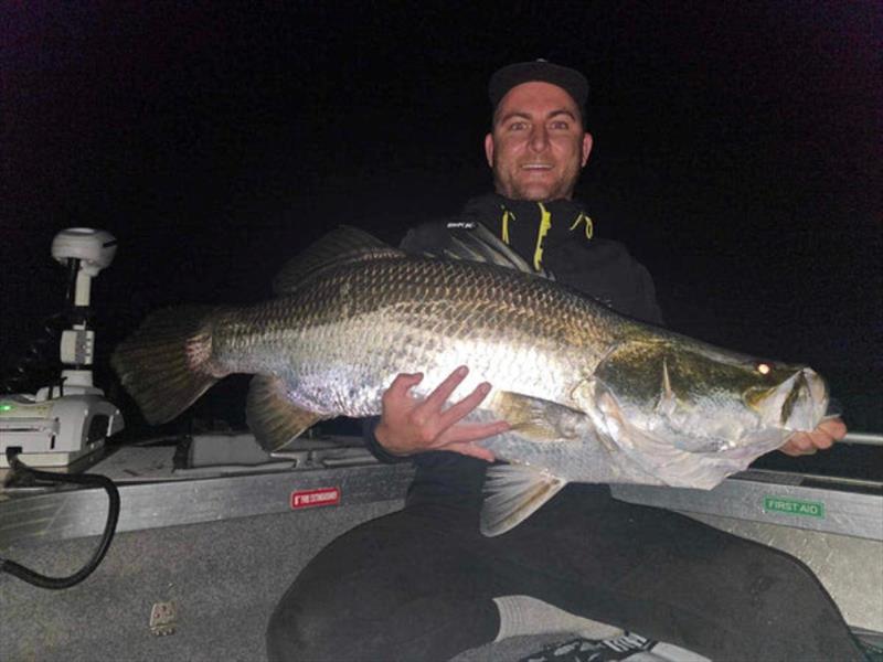 Jacko's 113cm PB barra was caught at Mondy at 1am - and plenty of people's phones went ballistic, even at that hour. He was a little excited! - photo © Fisho's Tackle World