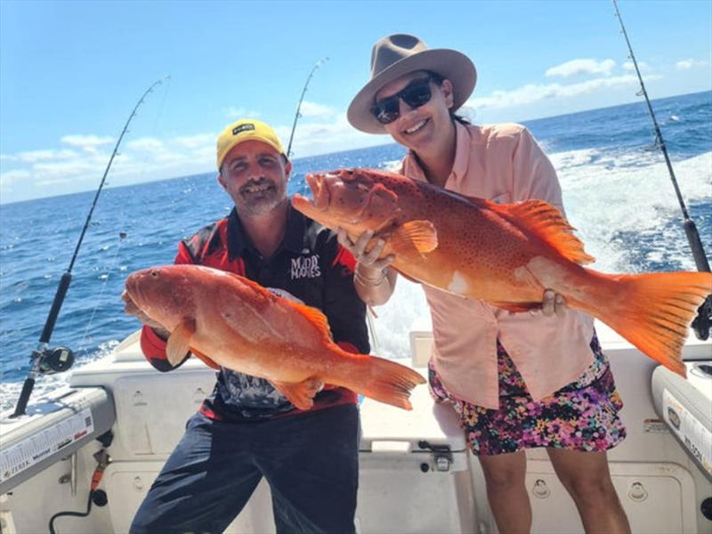 It was a family day out to remember for Luke & Shelley Hislop. Big reds, trout and other quality reef fish are even better when the joy is shared with the fam - photo © Fisho's Tackle World