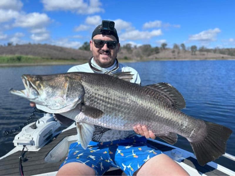 Chasing big impoundment barra in open waters is stress-free compared to the heavy timber. Here's a nice fish Michael Watson fooled recently - photo © Fisho's Tackle World